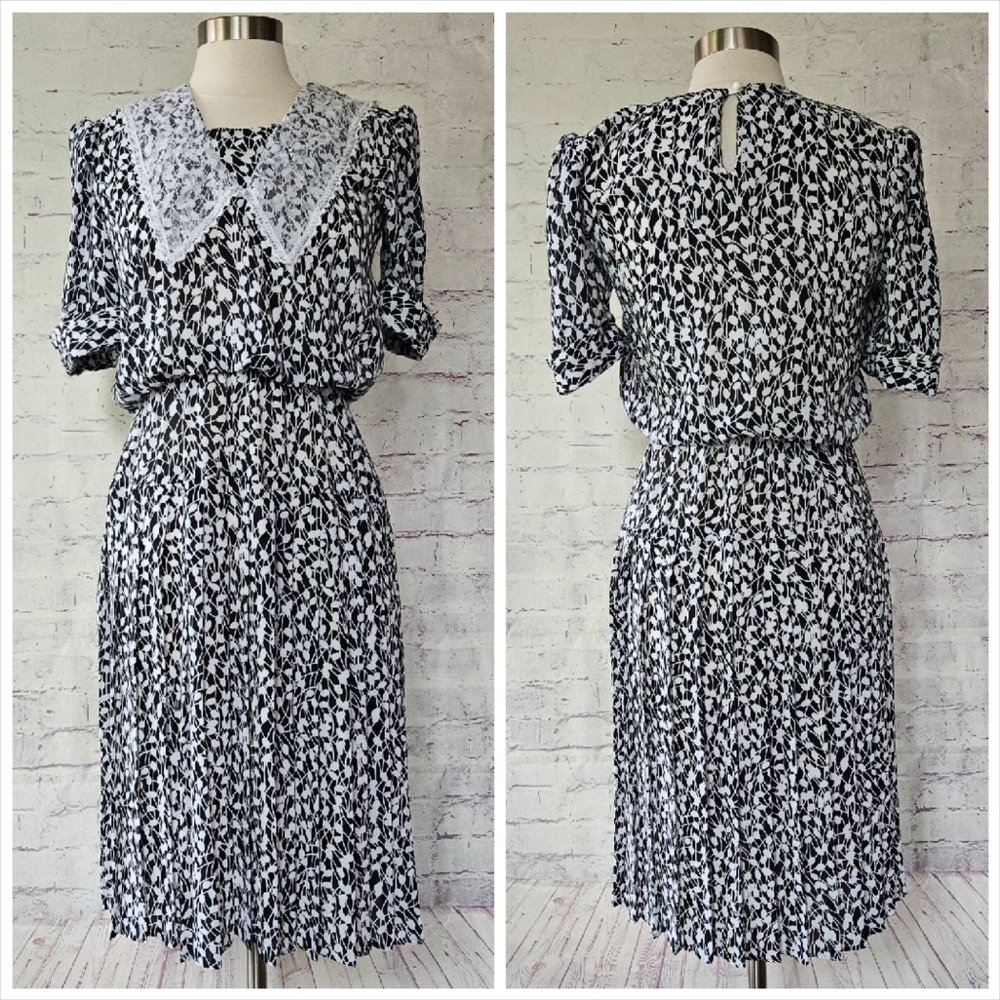 Vintage Items Black White Floral Short Sleeve Lace Collar Secretary Day Dress 4